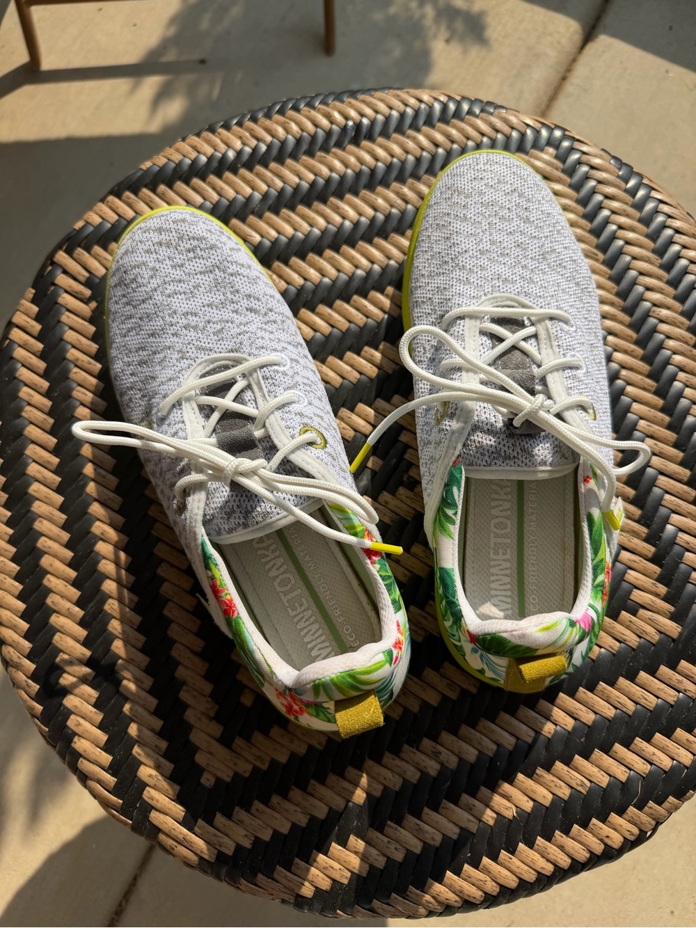 Minnetonka Light Gray Knit Sneakers with Tropical Heel Accents
